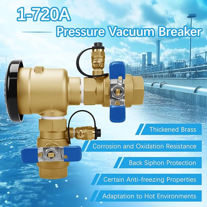 1" 720A Pressure Vacuum Breaker Assembly 1-720A Thickened Brass Backflow Preventer Valve for Irrigation Systems and Commercial Water Supply Systems, Back Siphon Protection, MAX 400PSI