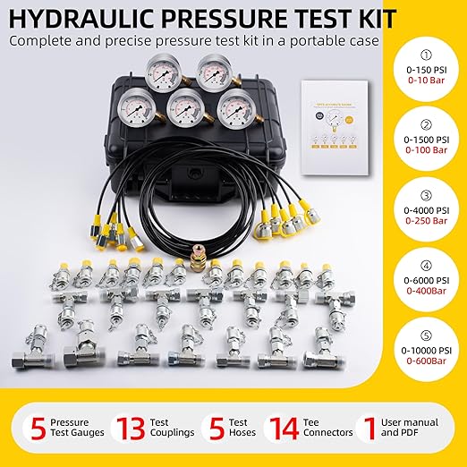 Hydraulic Pressure Test Kit with 5 Gauges(Max 10000 PSI), 13 Test Couplings 14 Tee Connectors 5 Test Hoses, Hydraulic Gauge Tester Set for Excavator, Construction, Machinery, and Mine