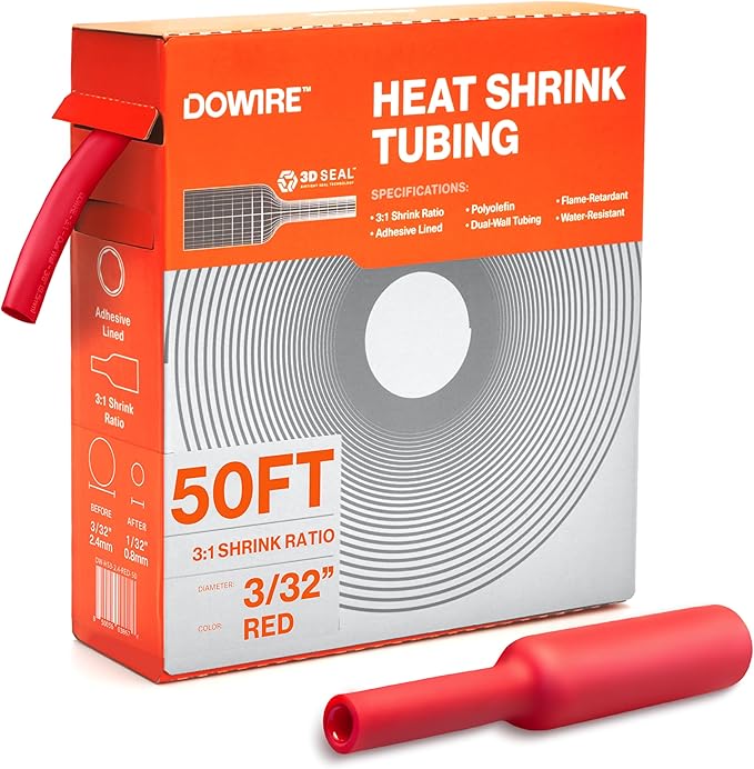 Heat Shrink Tubing 3/32" - Adhesive Lined - 3:1 Ratio - Waterproof Marine Grade Shrink Tube - Wire Shrink Wrap Tubing - Red - 50 Feet