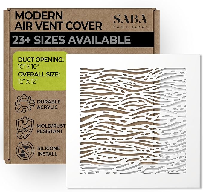 SABA Home Decor White Air Vent Cover - Acrylic Plexiglass 10 x 10 Duct Opening (12 x 12 Overall) Return Grille Decorative Covers for Walls & Ceilings NOT for Floor USE, Waves