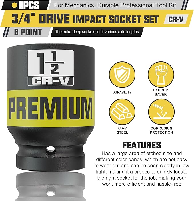 8pcs 3/4" Drive Impact Socket Set, SAE Axle Nut Sockets, 1" to 1-1/2" Thicker Jumbo Sockets, Socket Set, 6 Point, Cr-V, for Mechanics, Durable Professional Tool Kit
