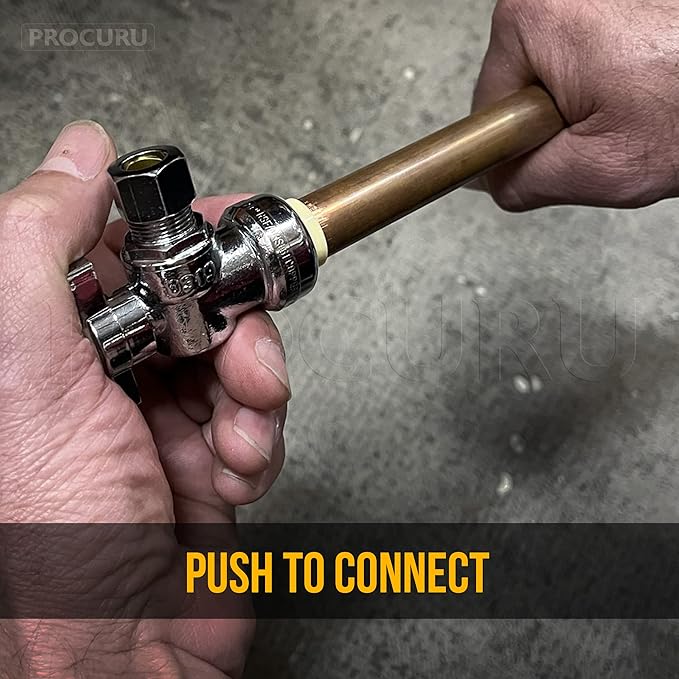 [10-Pack] PROCURU PushFit Angle Stop Valve 1/2" Push x 3/8" OD Comp, Quarter-Turn Push-to-Connect Brass Shutoff Valve for Copper, PEX, CPVC, PE-RT, HDPE Pipes, LF Certified Safe (8X8012-11T)