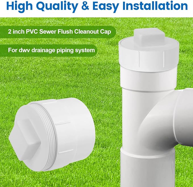 2" PVC Sewer Cleanout Adapter with Plug Pipe Fitting, PVC DWV Flush Sewer Cleanout Cap for Outdoor Garden, RVs Sewer or Drainage Piping Connect System