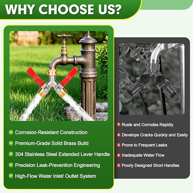 Hose Splitter 2 Way, High Flow Garden Hose Splitter, 3/4” Ght Inlet Brass Heavy Duty Hose Converter, water 2 Way Faucet hose splitter, Long Handle Hose Valve Large Outlet.