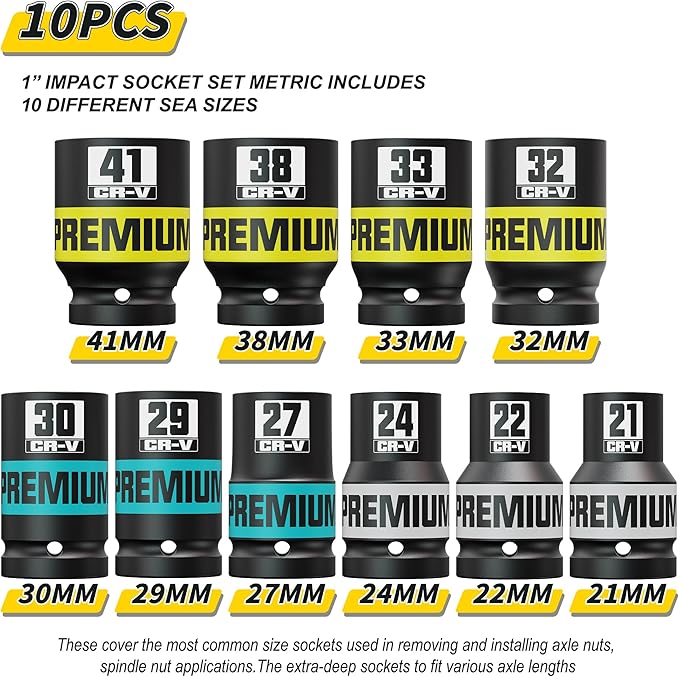 10 Piece 1" Drive Impact Socket Set, Metric Axle Nut Sockets, 21-41mm Thicker Jumbo Sockets, Socket Set, 6 Point, Cr-V, Vehicle and Apparatus Maintenance