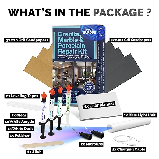 Granite, Marble & Porcelain Repair Kit (Clear, Black & Acrylic) - Ideal as Quartz Countertop Repair Kit I Works Great for Countertops, Tiles, Sinks and Other Surfaces