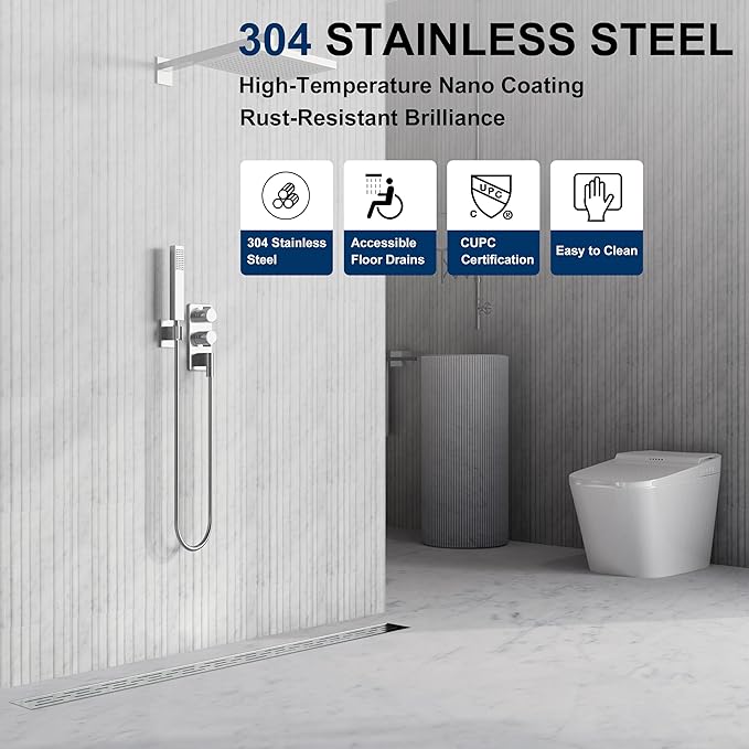 Neodrain 48 Inch Rectangular Linear Shower Drain with Brick Pattern Grate, Brushed 304 Stainless Steel Bathroom Floor Drain,Shower Linear Drain &Leveling Feet, Hair Strainer, CUPC Certified