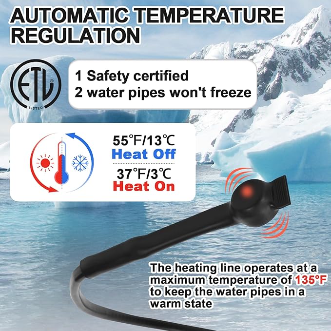 6FT Self-Regulating Pipe Heating Cable with Thermostat,Heat Tape for Water Pipe Freeze Protection,Pipe Heating Trace System for Home Supply Pipes,120V 5W/FT