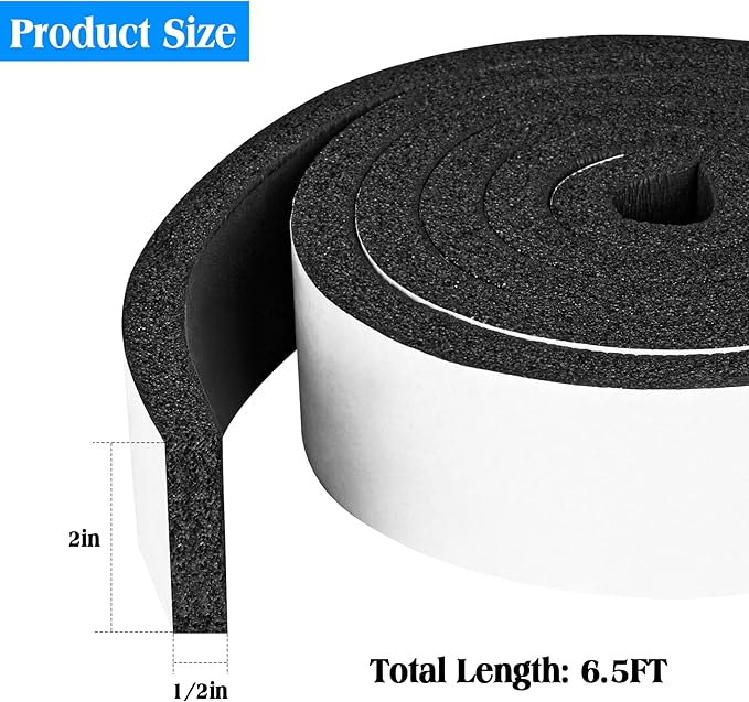 Foam Strips with Adhesive, 2 Inch Wide X 1/2 Inch Thick, Neoprene Weather Stripping High Density Foam Closed Cell Tape Seal for Doors and Windows Insulation, Total 6.5 Feet Long