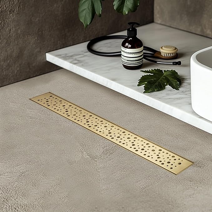 Sharp-tec 32 inch Linear Shower Drain, Gold Rectangular Floor Drain, V-Shape Design Drain Channel, 304 Stainless Steel, cUPC Certificated for Bathroom Shower Room (Drain Base is Not Included)