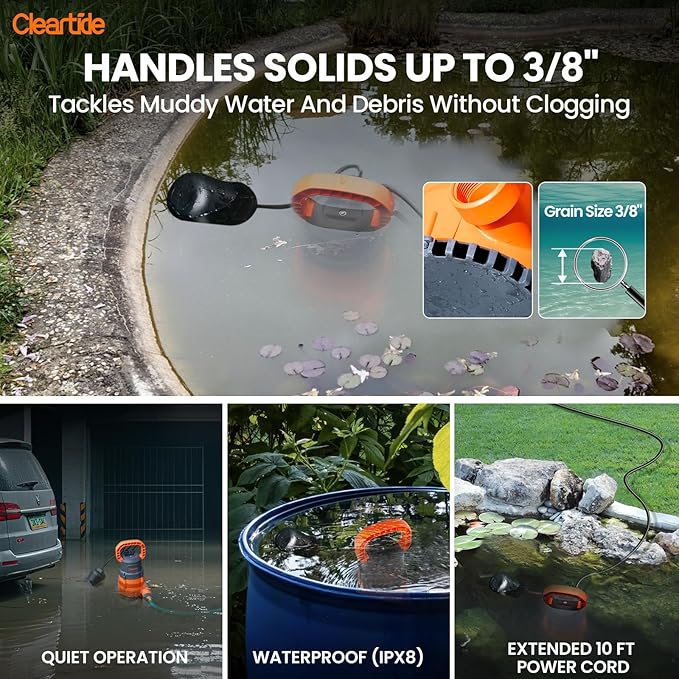 Cleartide Submersible Sump Pump with Tethered Float Switch, 1/3 HP Utility Water Pump,100% Copper Motor, Electric Drain Pump Handles 3/8" Solids, 10 FT Cord