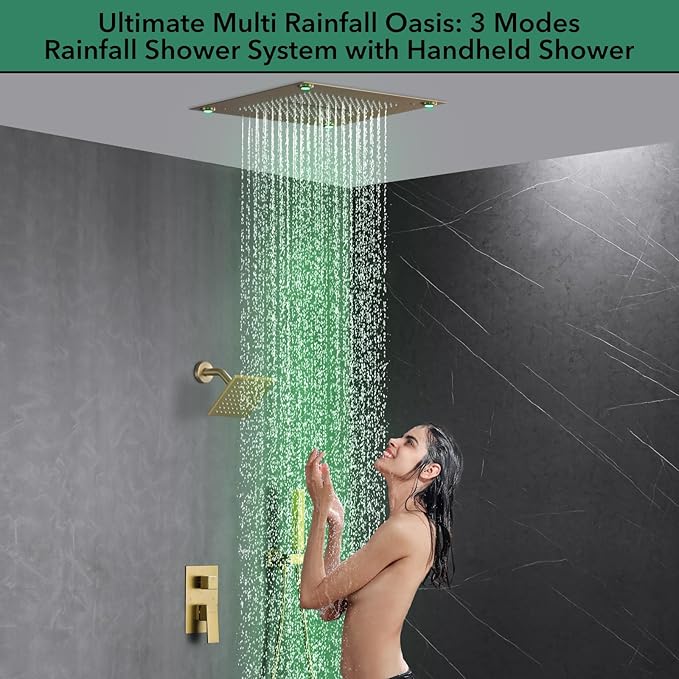 VANFOXLE Shower Faucet Set Brushed Gold Shower System,Shower Faucet with 2 in 1 Handheld,Ceiling Mount 16 Inch Shower Head+6 Inch Shower Head(Rough-in Valve Body and Trim)