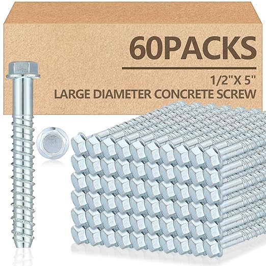 Tandefio 60 Pack 1/2" x 5" Concrete Screw Anchor Galvanized Large Diameter Heavy Duty Plated Concrete Anchors for Masonry Brick Anchoring Block Decking Framing Hex Drive