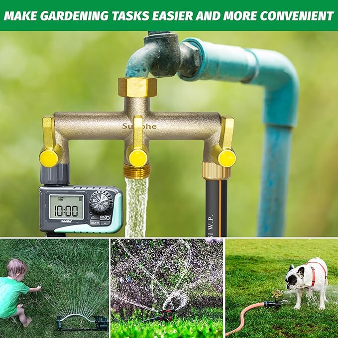 Garden Hose Splitter, Water Hose Splitter 3 Way Heavy Duty Brass Nickel Plated, Extended Metal Handle 3/4-Inch Hose Manifold, Rust and Freeze Resistant High Flow Outdoor Faucet Splitter