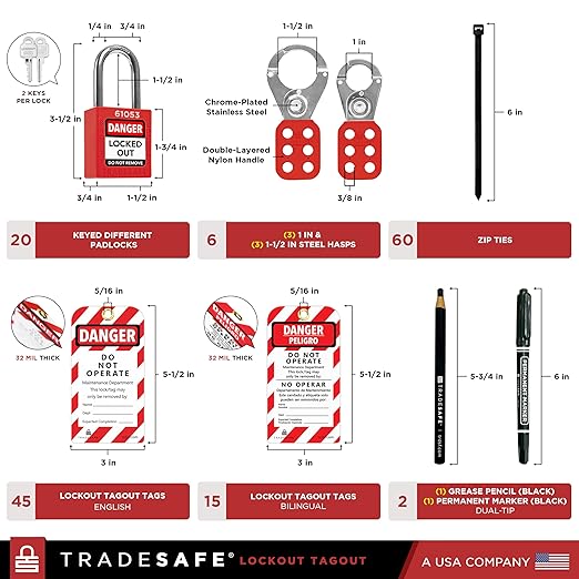 TRADESAFE Lockout Tagout Station with 20 Keyed Different Loto Locks, 6 Lockout Hasps, 60 Lock Out Tags, Lock Out Tag Out Kit Station, Lock Out Kit Cabinet 22-1/2 x 18 x 3 inches
