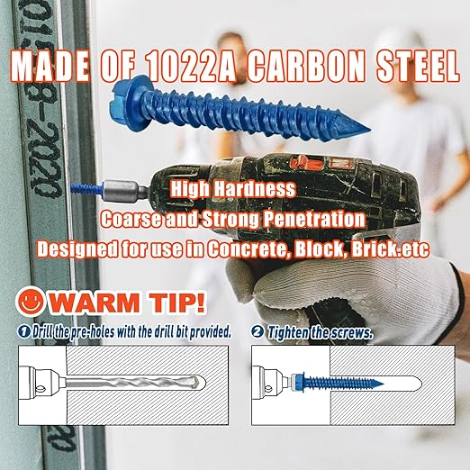 100Pcs 1/4" x1-1/4 Concrete Screws with Drill Bit, Hex Head Concrete Cement Screws Anchor Assortment Kit for Masonry, Block Brick or Stucco