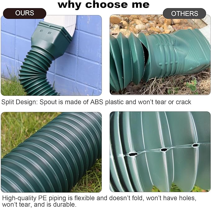2 Pack Rain Gutter Downspout Extensions, Flexible Downspout Extender with 58"+68" Extendable Pipes for Rain Water Drainage, Durable Down Spout Drain Extension with Connector (Green)