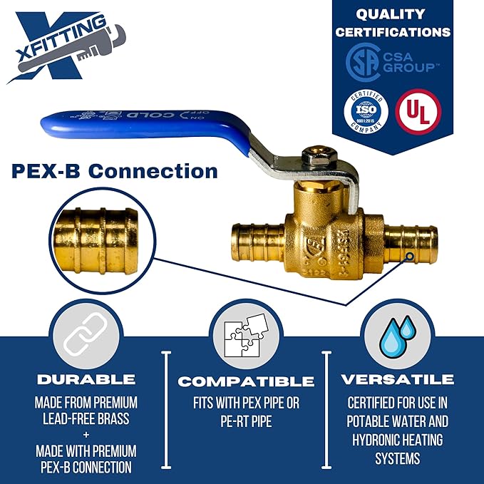XFITTING 10 Pieces 1/2" Pex Ball Valve with Handle Blue, 24-2-2=10X