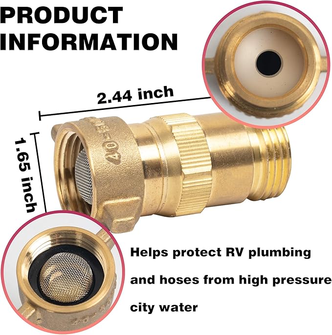 Hourleey Brass RV Water Pressure Regulator, Water Regulator for RV Camper with Filter Screen, Protector for Campers, Travel Trailers, RV Plumbing System, 40-50 PSI
