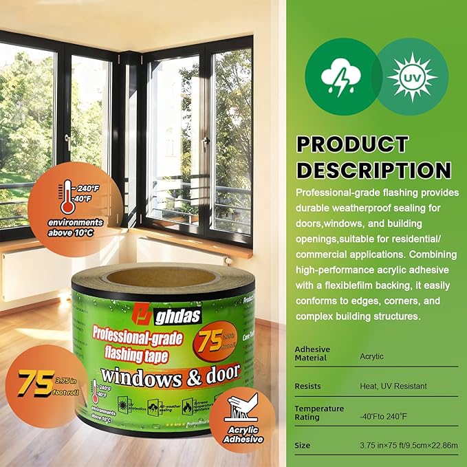 Flashing Tape, 3.75" x 75', Industrial Strength for Windows, Doors, Weather-Resistant, UV-Resistant, Tear-Resistant, Advanced Acrylic Adhesive, Black