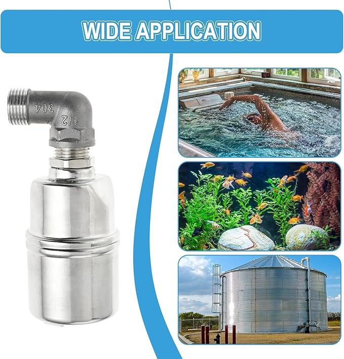 Float Ball Valve with Support, 1/2" 3/4'' 1''Auto Shut Off Ball Mini Float Valve, 304 Stainless Steel Fully Automatic Water Level Control Float Valve for Water Trough, Tank and Livestock(2 Pack)