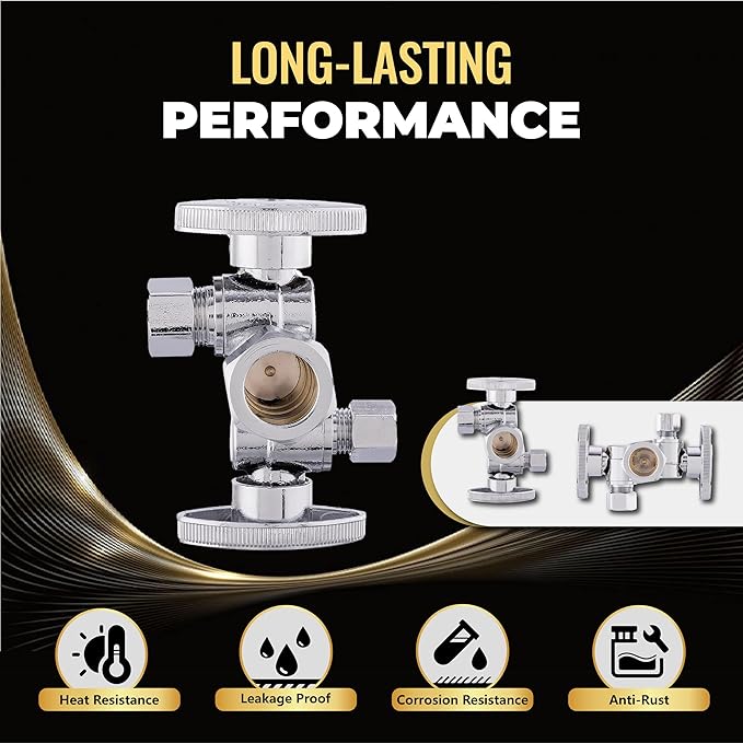 2-Pack Foskan Dual Compression 1/4 Turn Angle Stop Valve with 2 Shut Off Valve/Handles,1/2" NOM (5/8" OD) x 3/8" OD x 1/4" OD,Chrome Plated Brass