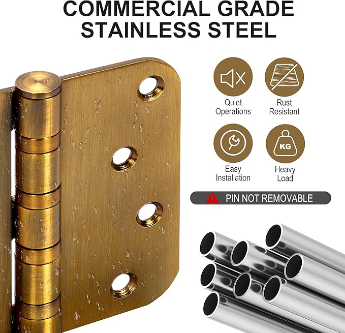 6 Pack 4" Heavy Duty Door Hinges with 5/8'' Radius Corner, 4in x 4in Stainless Steel Door Hinges for Exterior & Interior Doors, Smooth and Quiet (Brass)