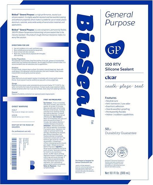 Clear BioSeal 100% Silicone Sealant Caulk General Purpose, Waterproof and Low Odor 10.1 Ounce Cartridge, Clear, (Pack of 1)