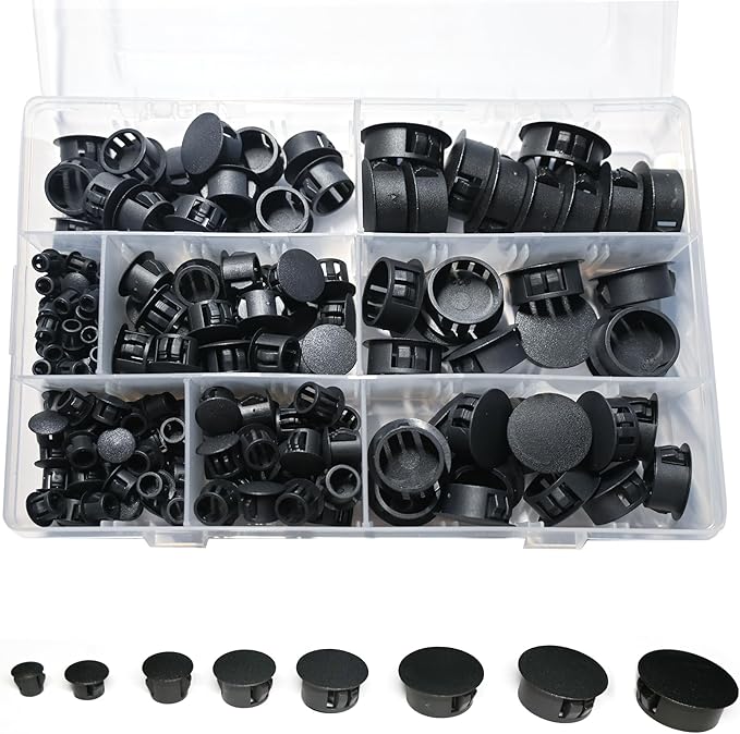 200Pcs 8 Sizes Nylon Plastic Hole Plugs 1/4" 5/16" 3/8" 1/2" 5/8" 3/4" 7/8" 1", Hole Plugs for Round Holes, Screw Hole Covers, Base Plugs, Furniture & Cabinet Hole Cap - Black