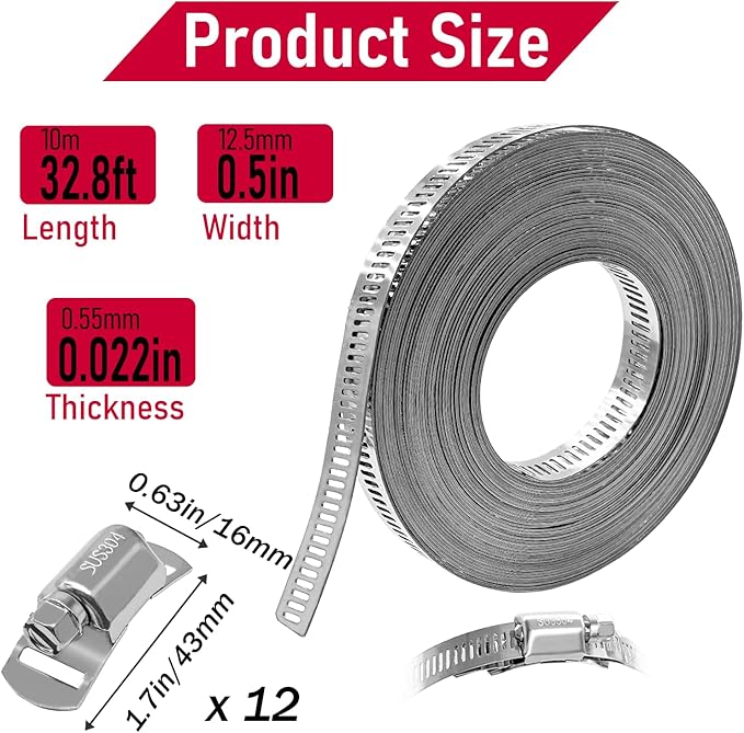 Hose Clamps Assortment Kit, CUKAYO 304 Stainless Steel DIY 32.8 FT Metal Strap+12 Stronger Fasteners, Large Adjustable Worm Gear Band Hose Clamps Screw Clamps Duct Pipe Metal Clamp Strapping