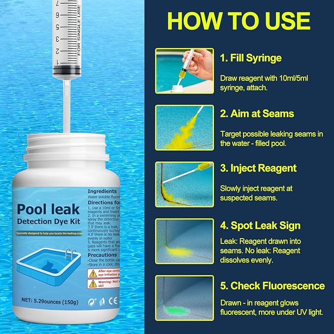 150g Fluorescent Yellow Pool Dye Leak Detection Kit, Long-Lasting That Pinpoints Leaks in All Pool,Hot Tub and Spa Types,with Reusable Syringe and 2 Precision Applicator