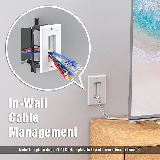 FGB 10 Pack Brush Wall Plate with Low Voltage Mounting Bracket, Cable Pass Through Wall Plate for Wires, Single Gang Cable Access Strap, Wall Socket - White