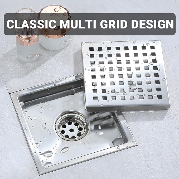 4 Inch Square Shower Floor Drain, Stainless Steel Black Shower Drain Kit with Flange, Floor Drain with Removable Grid Cover,Brushed Nickel (Brushed Nickel, 4 inch)