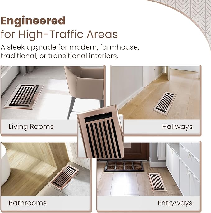 Floor Register 4x10 Vent Cover – 2 Pack – Heavy-Duty Steel, Rustproof & Walkable Grates, Drop-in Install, Adjustable Air Supply Switch - Decorative Straight Line Design, Satin Bronze