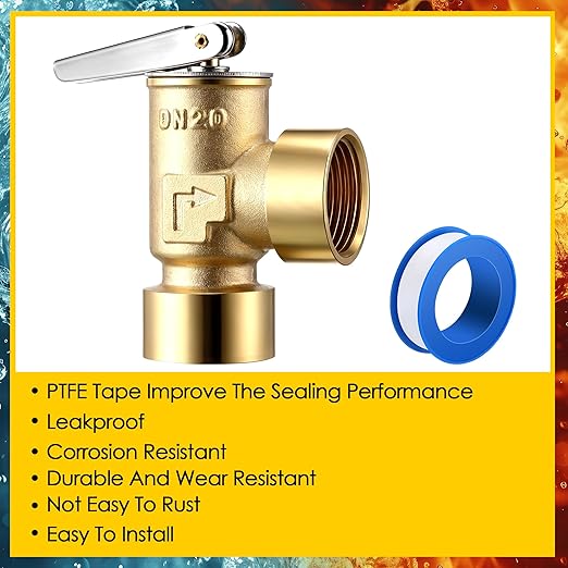 30 PSI Pressure Relief Valve, Boiler Relief Valve with 3/4" Female NPT x 3/4" Female NPT, PTFE Thread Seal Tape, Brass, for Hot Water and Cold Water Systems