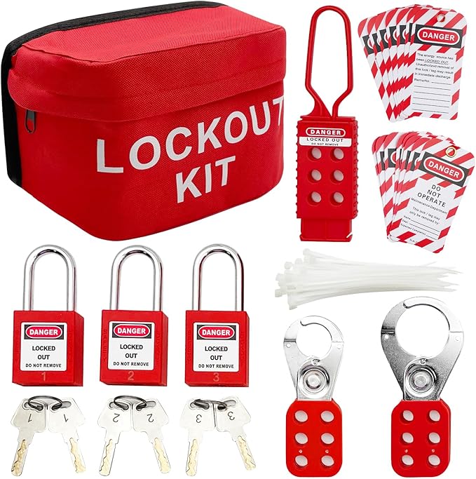 JOJOMARK Lockout Tagout Kit Electrical Loto - Group Lockout Hasps, Lockout Tags, Safety Padlocks with Number, Nylon Ties with Pocket Bag (Red Bag kit)
