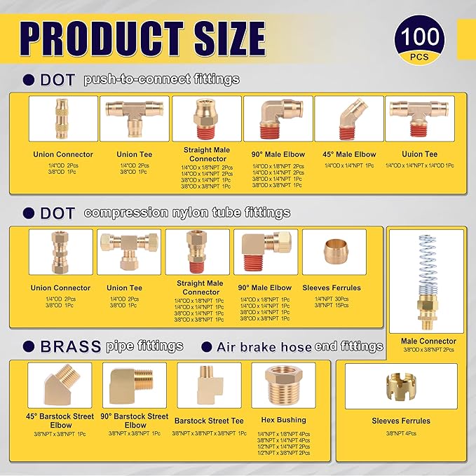 100 Pcs Brass DOT Air Brake Line Fittings & Air Nylon Tube Compression Fittings & Air Brake Hose End Fittings Assortment Kits,Air Hose Fittings 1/4" 1/8" 3/8" 1/2" NPT