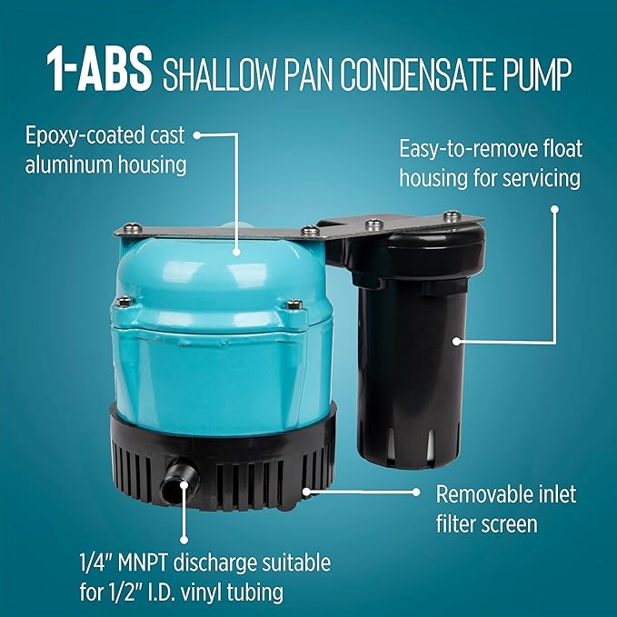 Little Giant 1-ABS 115-volt, 1/150 HP, 205 GPH Automatic Shallow Pan Condensate Removal Pump for Ceiling Mounted Air Conditioners or Dehumidifiers, with Condensate Collection Tank, Black/Blue, 550522