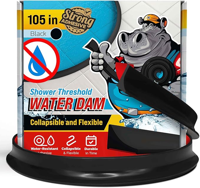 Shower Threshold Water Dam Barrier 105" - Black Collapsible Shower Water Blocker - Guard for Walk in Shower - Water Guard Stopper for Floor - Shower Door Water Blocker by Hippo Dam