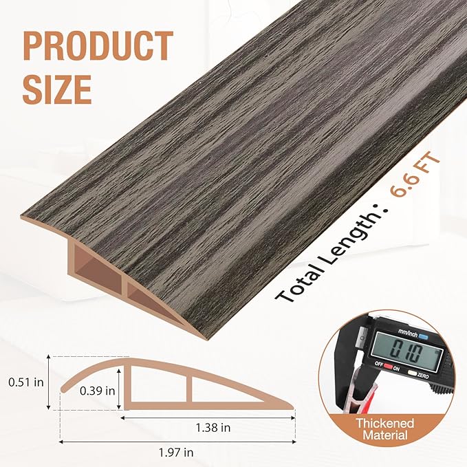 Floor Transition Strip Self Adhesive Vinyl Door Threshold for Doorways Carpet Edging Trim Overlap Edge Reducer for Laminate Floor, Carpet, Tile (Grayish Brown Wood Grain, 1/5" to 2/5", 6.6Ft)