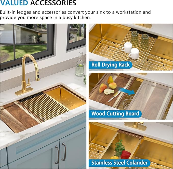 30 Undermount Kitchen Sink Gold - Fulorni 30"x19" Kitchen Sink Brushed Gold NANO-PVD Ledge Workstation 16 Gauge 304 Stainless Steel Under Counter Single Bowl Basin