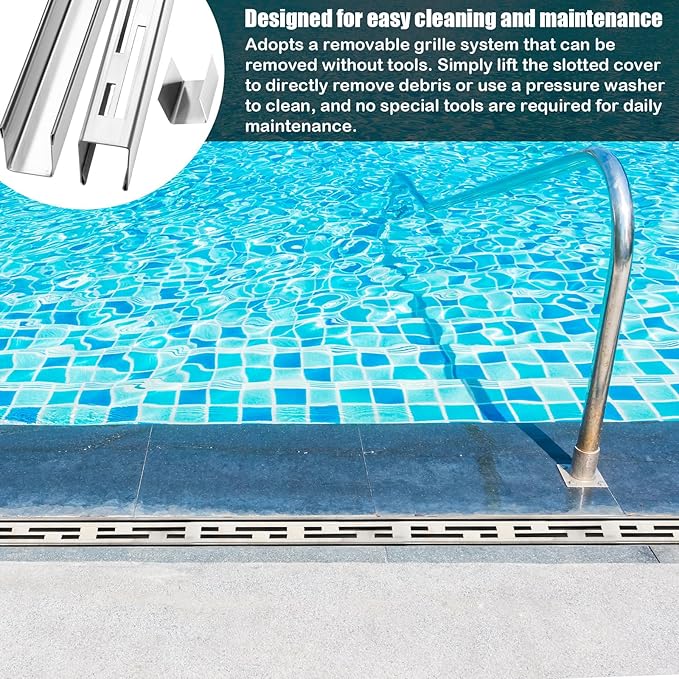 4 Pcs Pool Deck Drain 1.25-inch W x 4-feet L, Silver Outdoor Deck Drainage System 304 Stainless Steel with Coupling, Channel Drain for Integrated Grate/Concrete/Paver/Patios/Walkways