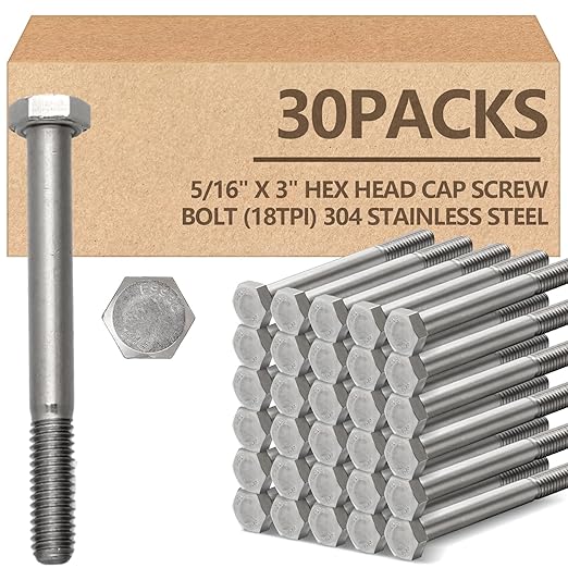 30 Pack 5/16-18 x 3'' Hex Head Cap Screw Bolt 304 Stainless Steel Half Thread External Hex Drive Screw Bolt Fastener for Wet Outdoor Metal Framing Concrete Reinforcement Railing Trellises
