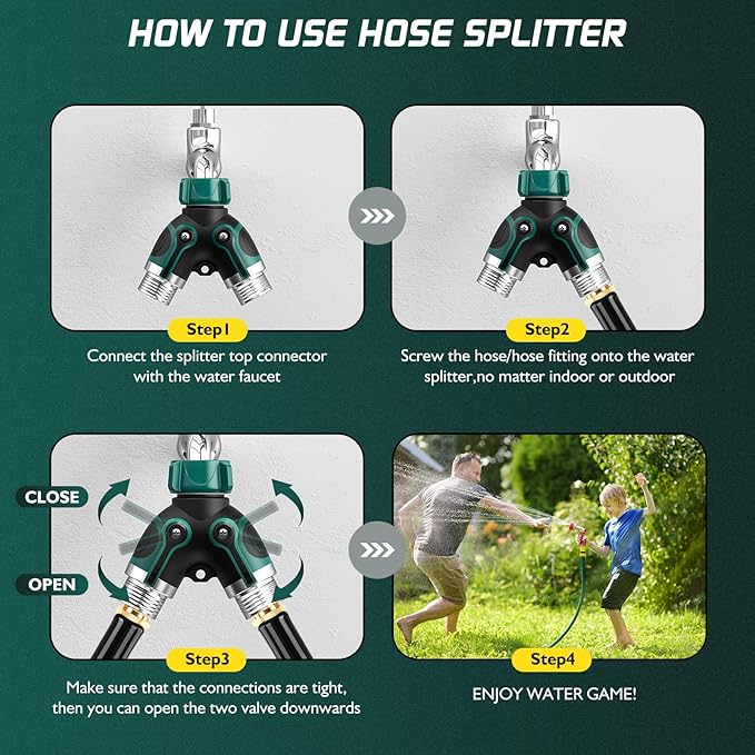 2 Way Garden Hose Splitter with Shut Off Valve,Water Spigot Splitter for 3/4" Hose Connector,Heavy Duty Metal Outdoor Faucet Splitter Y Connector for Hose,with 3 Leakproof Washers & 1 tape(2, Green)