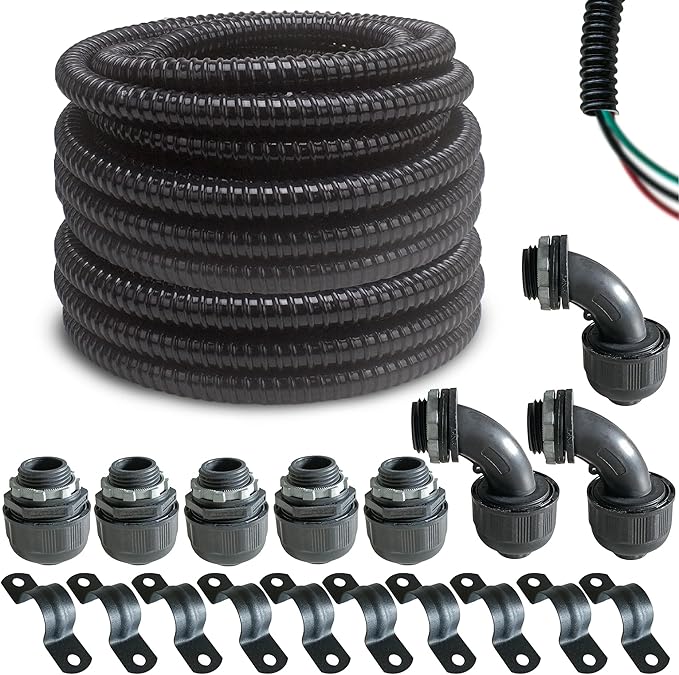 (1/2" Dia * 50 Feet) Yariwiz Black Special Extra Flexible Electrical Conduit Liquid Tight PVC Conduit Kit with 5 PCS Coupling, 3 PCS Elbow and 10 PCS Strap, Sealtight Seal Flex Liquidtight Wire