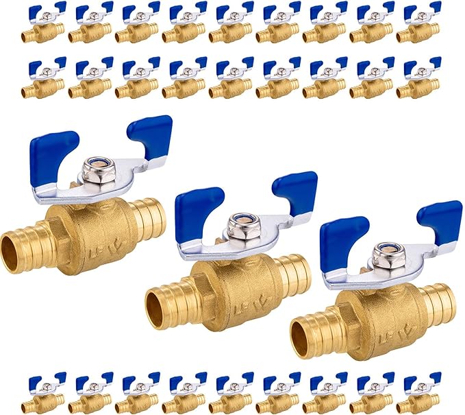 30PCS Foskan 3/4" PEX Crimp Ball Valve, Brass Full Port Shut-off Valve with Blue Butterfly Handle for Portable Water Poject