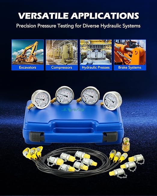 Orion Motor Tech Hydraulic Pressure Test Kit with 4 Gauges 1300 3500 5500 9000 psi, 9 Test Couplings, Quick Connector, & 3 Test Hoses, Hydraulic Gauge Kit for Excavator Construction Machinery