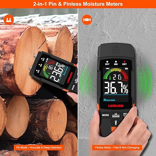 2-in-1 Pin & Pinless Moisture Meter MS03 – Accurate Moisture Detection for Wood, Concrete, Drywall, and More – LCD Display with Hold Function, Flashlight, and Auto Power Off