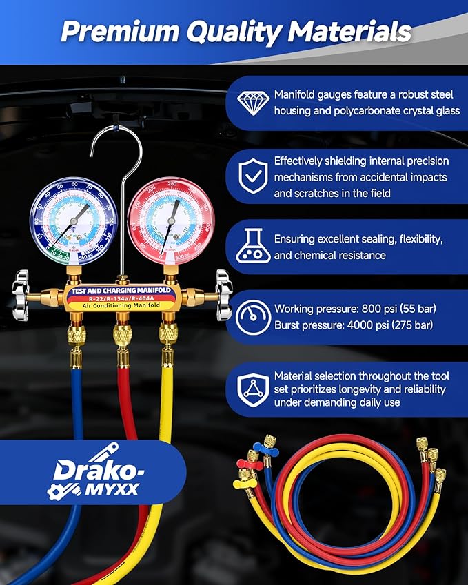Upgraded New 42006 Test and Charge Manifold Set, with 3-1/8" (80 mm) Gauge, with 72" HVAC Hoses and Quick Coupler Adapters, 1/4" Standard Flared Fittings, Suitable for R-22/134A/404A, Toolbox