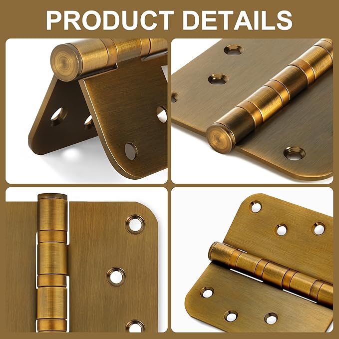 6 Pack 4" Heavy Duty Door Hinges with 5/8'' Radius Corner, 4in x 4in Stainless Steel Door Hinges for Exterior & Interior Doors, Smooth and Quiet (Brass)